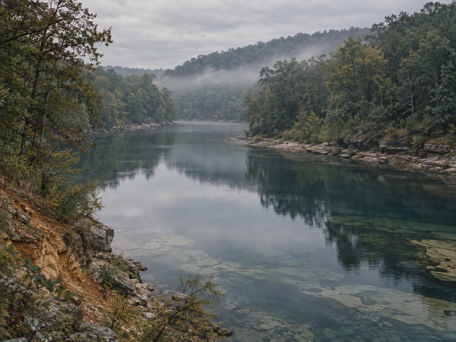 Shallow rocky river running through green Alabama woodland.