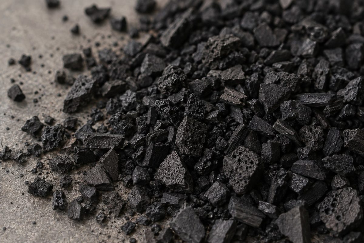 A close view of granular activated carbon granules on a plain gray surface.