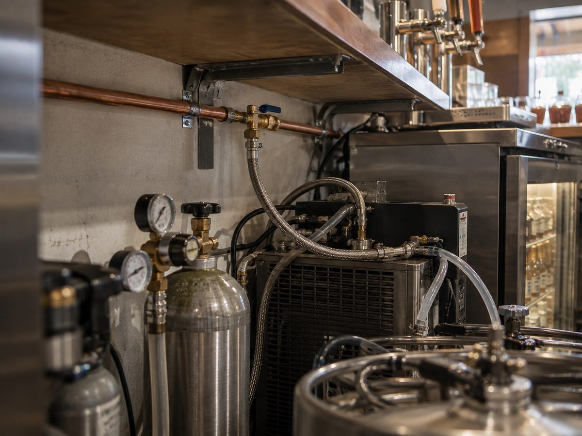 The water supply line feeding a commercial carbonator unit beneath a bar counter, with brass fittings and braided hose.