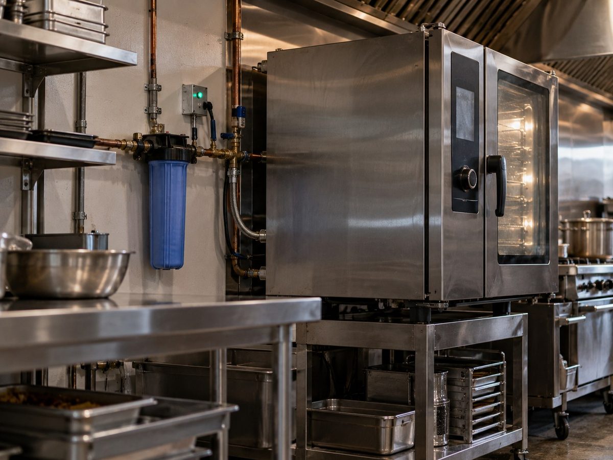 A filtration housing plumbed into the water feed of a combi oven in a stainless commercial kitchen.
