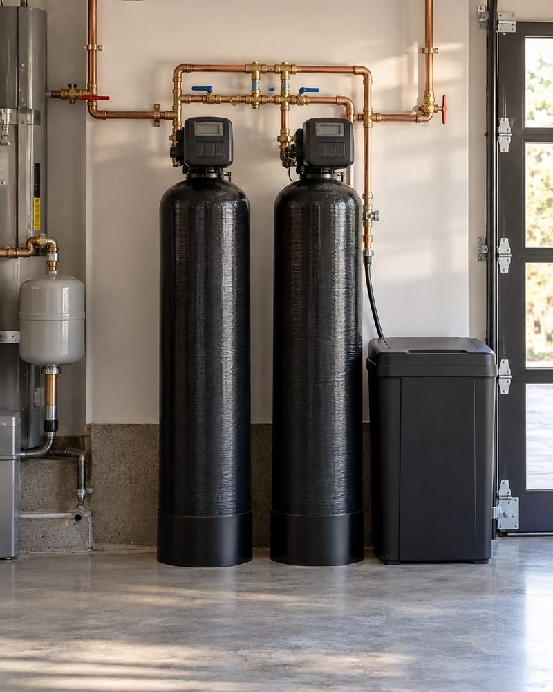 Two black treatment tanks with digital control valve heads and a brine tank against a wall, with copper piping overhead.