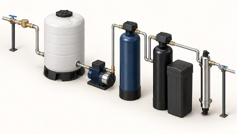 A water treatment train laid out left to right on a white background: service line and meter, a white storage tank, a booster pump, a blue carbon tank, a black softener tank, a brine tank and a stainless ultraviolet chamber.