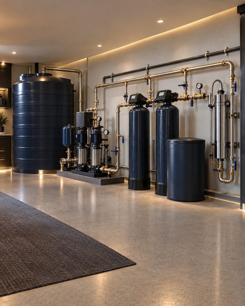 A large residential mechanical run with a black storage tank, two navy treatment tanks with control valve heads, a brine tank and copper piping along a finished wall.