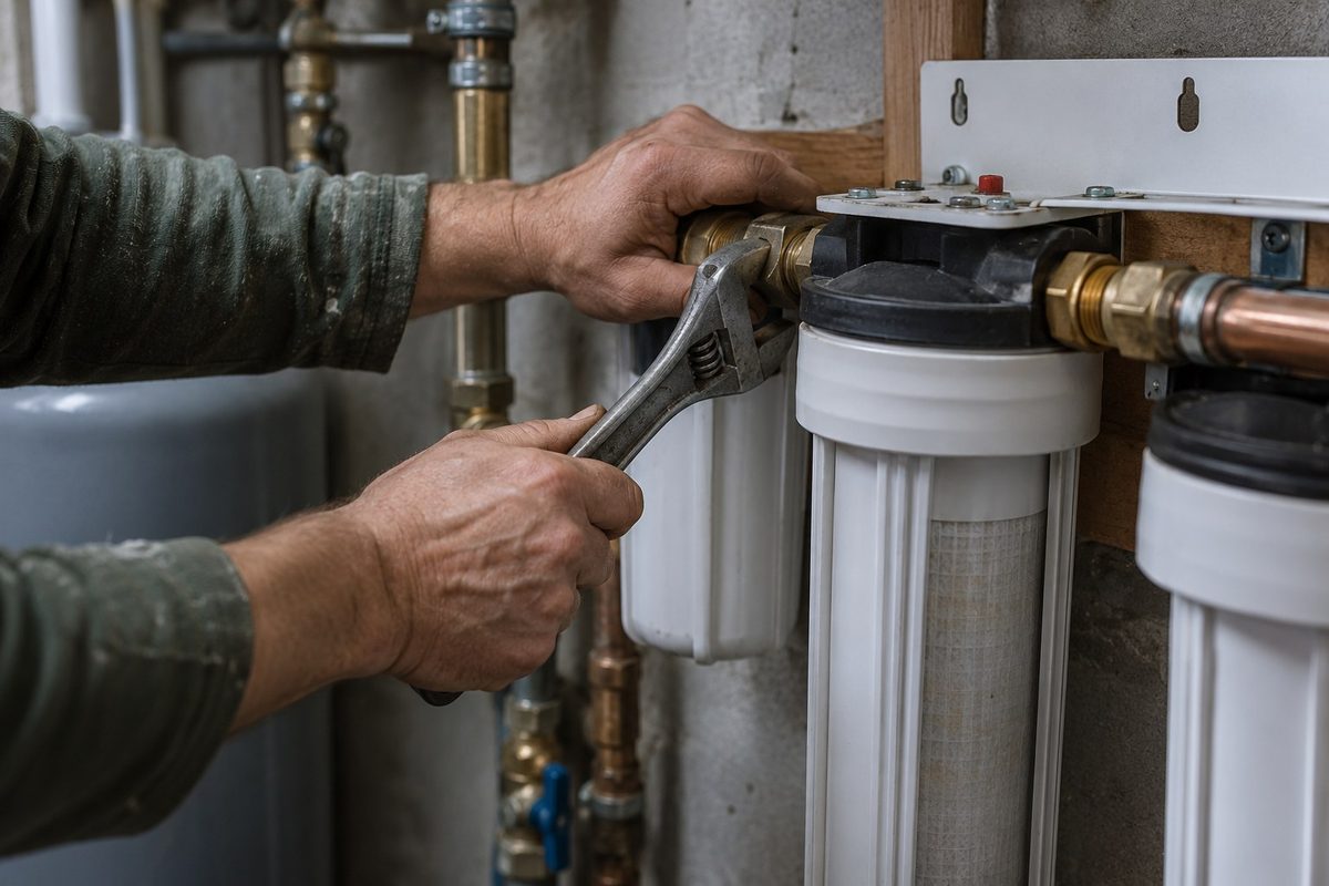 A pair of hands using a filter wrench on cartridge housings mounted to a wall.