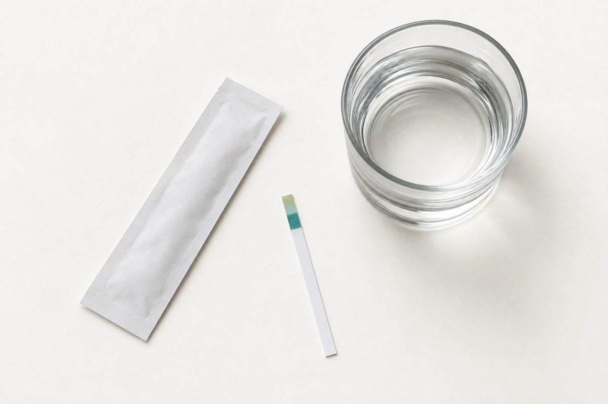 A water hardness test strip beside a clear glass of water and a plain envelope.