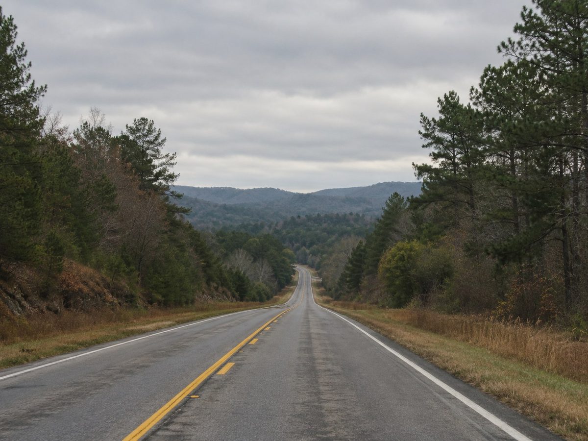 A two-lane highway running south out of Birmingham under flat overcast light.