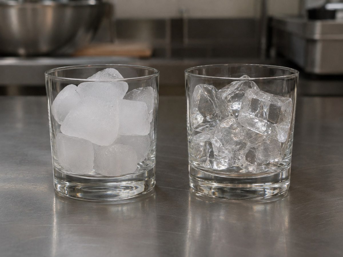 Two glasses side by side on a stainless counter, one holding cloudy ice and one holding clear ice.