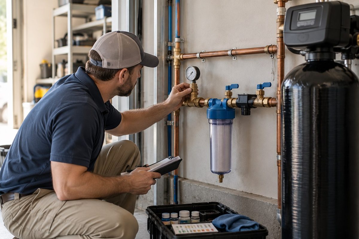 A technician kneeling at whole-home water equipment in a garage, reading a pressure gauge on copper piping with a tablet in hand.
