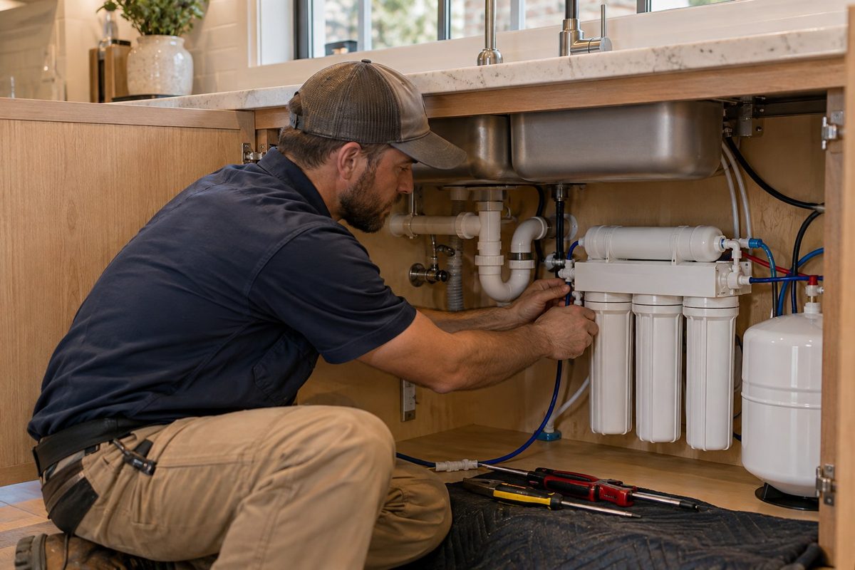 A technician kneeling at an open sink cabinet, connecting a reverse osmosis system, with hand tools laid out on a mat.