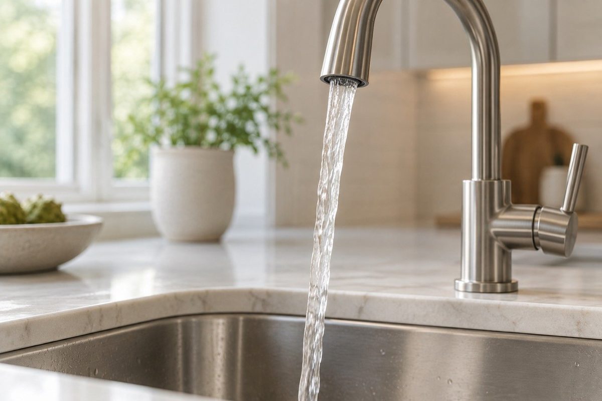 Clear water running from a brushed-nickel kitchen faucet.