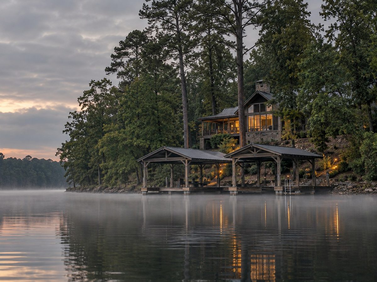 A lake house on an Alabama shoreline at first light, mist on still water.