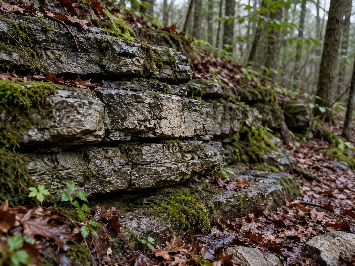 Bedded limestone outcrop in north-central Alabama hardwood forest.