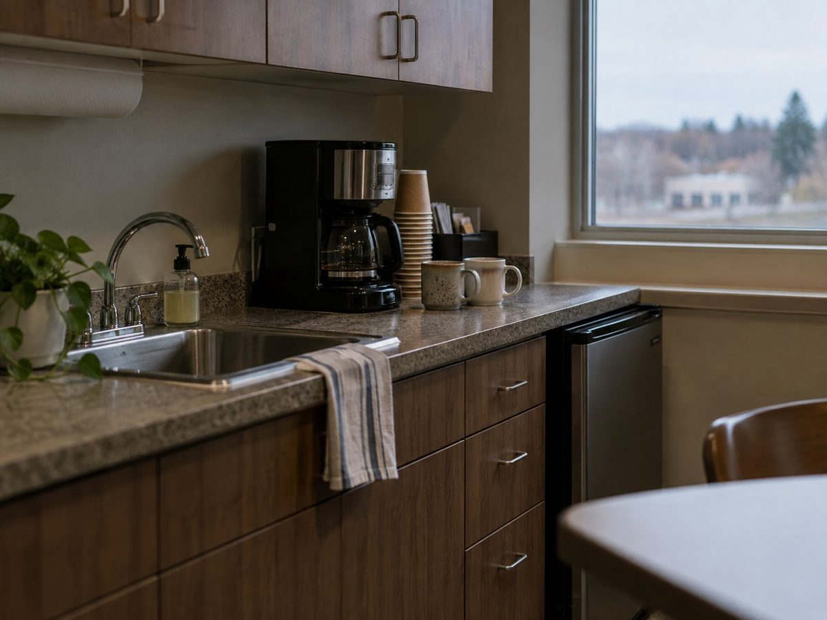 An ordinary break room sink and coffee counter inside a medical office building.