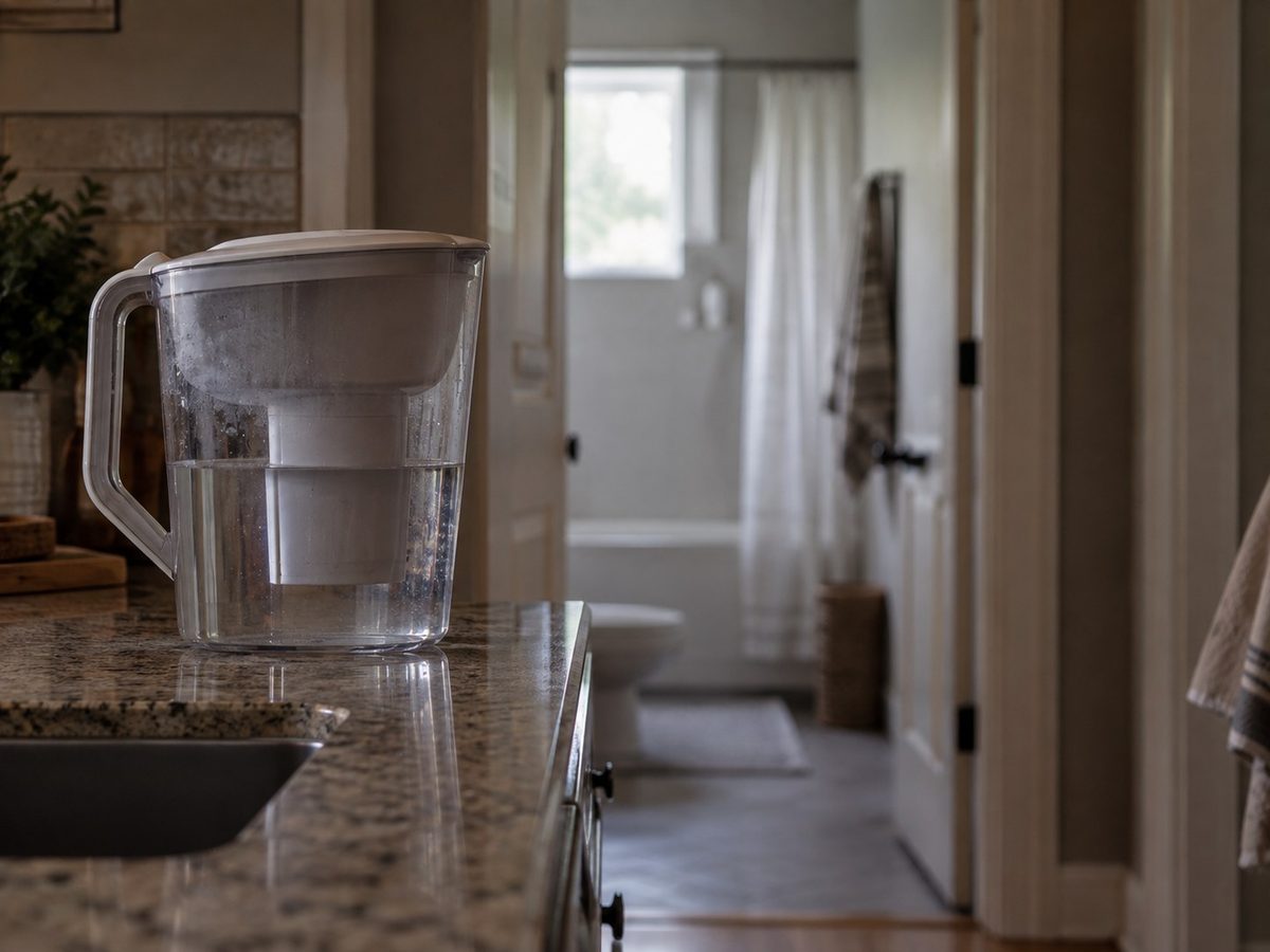 A water filter pitcher on a kitchen counter in the foreground, with a bathroom doorway out of focus in the distance.