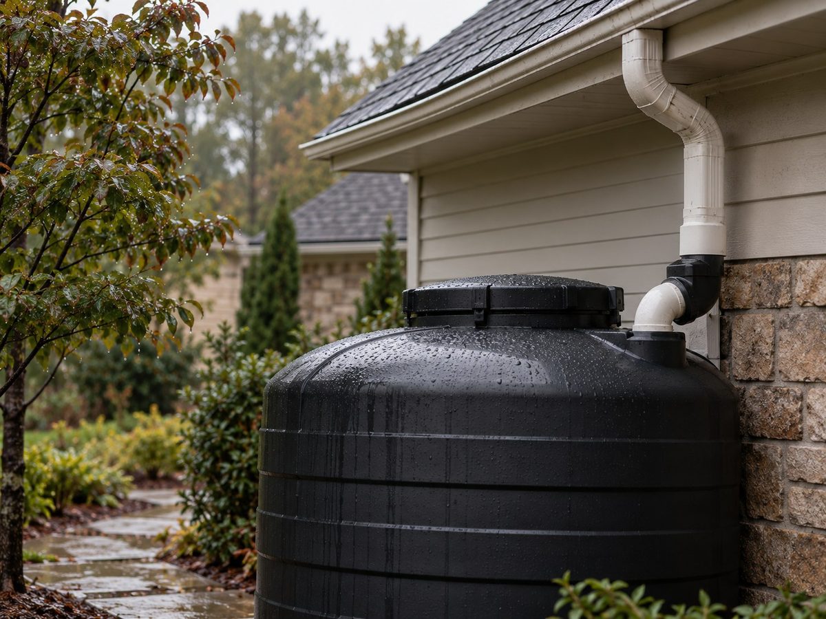 A downspout feeding an opaque garden cistern beside a house, with the roof and gutter visible above.