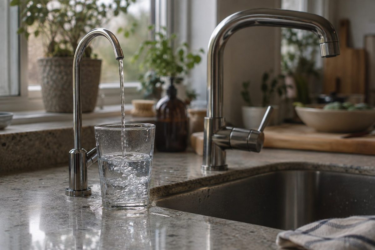 A slim dedicated drinking-water faucet beside a standard kitchen mixer tap, filling a glass of water at a granite counter.