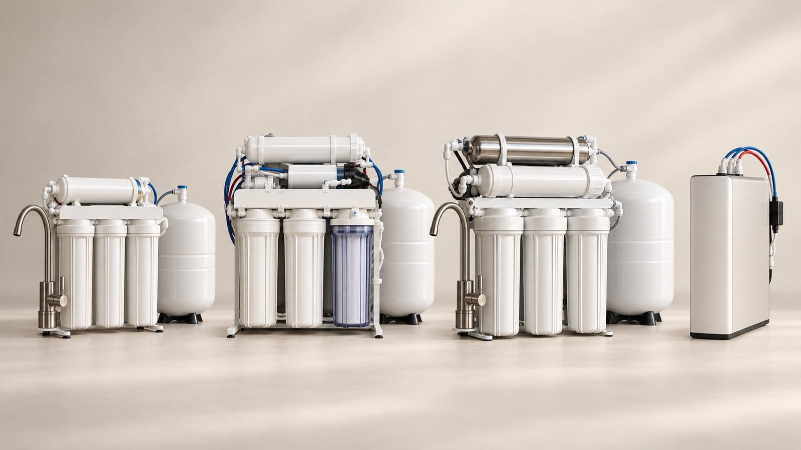 Four drinking-water systems side by side on a counter: three with pressurized storage tanks and one compact tankless unit.