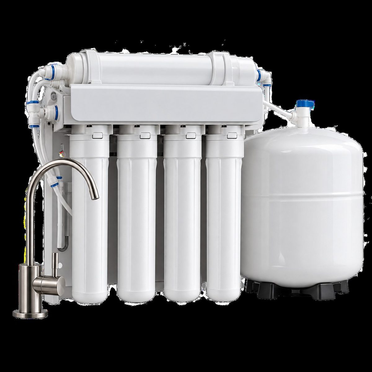 An under-sink reverse osmosis system with filter housings, membrane housings and a white pressurized storage tank.