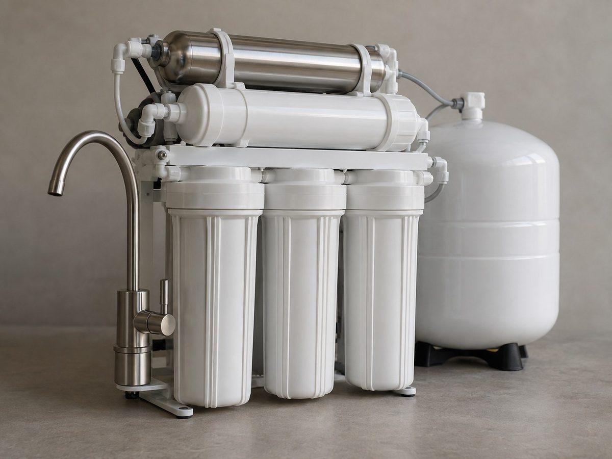 A reverse osmosis system with a dedicated drinking-water faucet, three filter housings, horizontal membrane housings and a white pressurized storage tank.