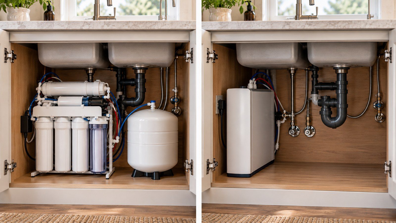 Two sink cabinets side by side: one holding a reverse osmosis system with a pressurized storage tank, the other holding a compact tankless unit.