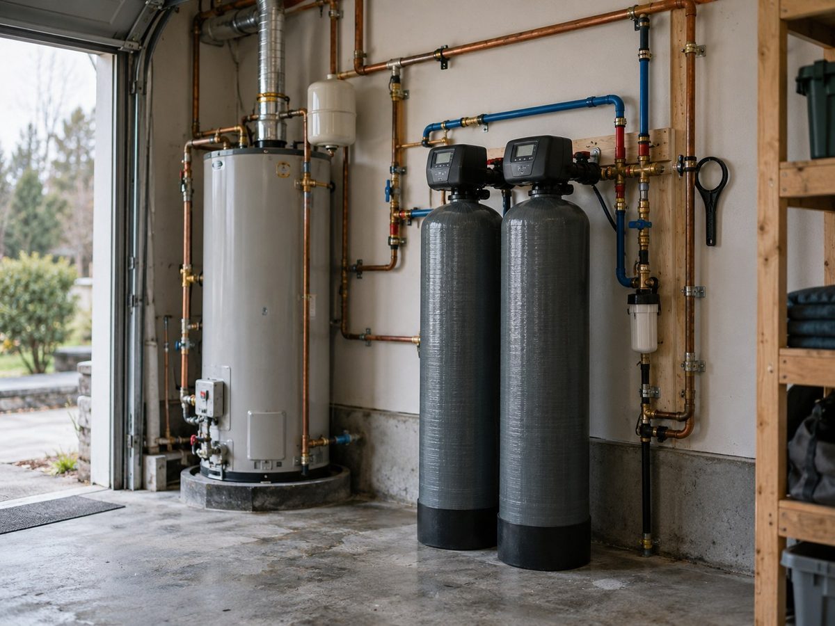 A garage utility area with a water heater, two black treatment tanks with control valve heads and copper piping, with the garage door open to daylight.