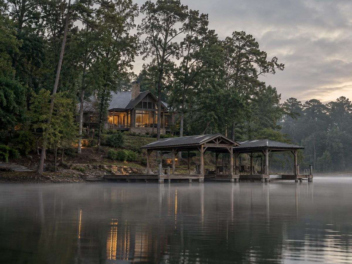 A lake house on an Alabama shoreline at dawn, mist sitting on still water.