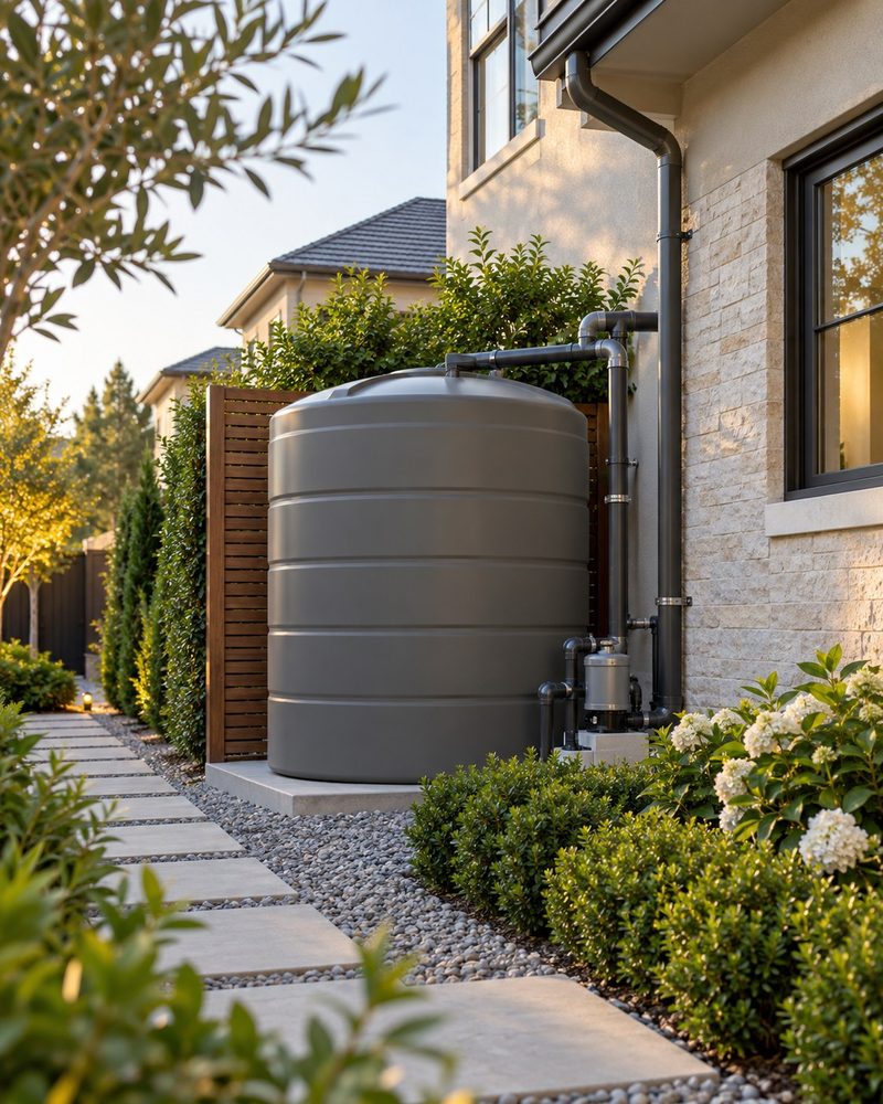 An opaque potable water storage tank installed against the exterior of a house with landscaping and a gravel path.