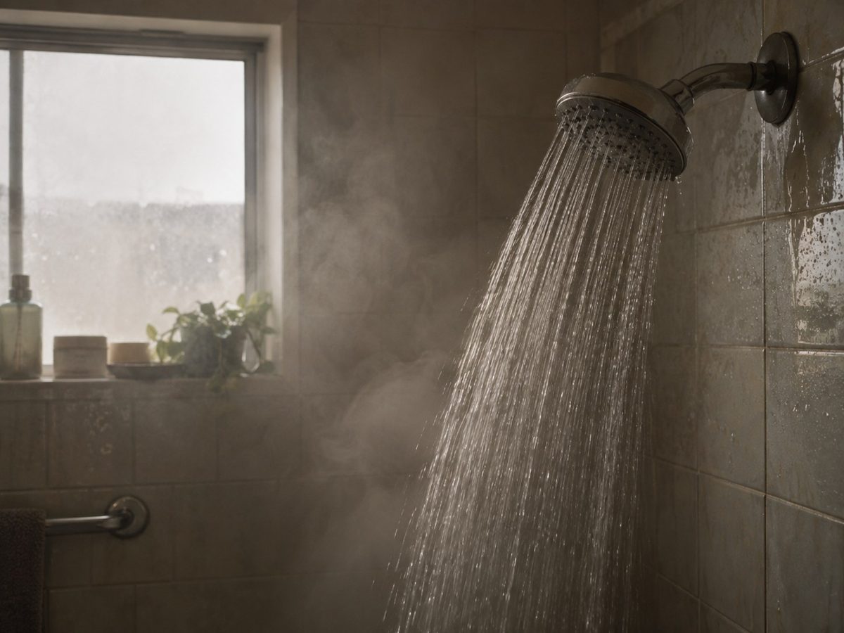 A running shower head in a tiled bathroom with steam gathering.