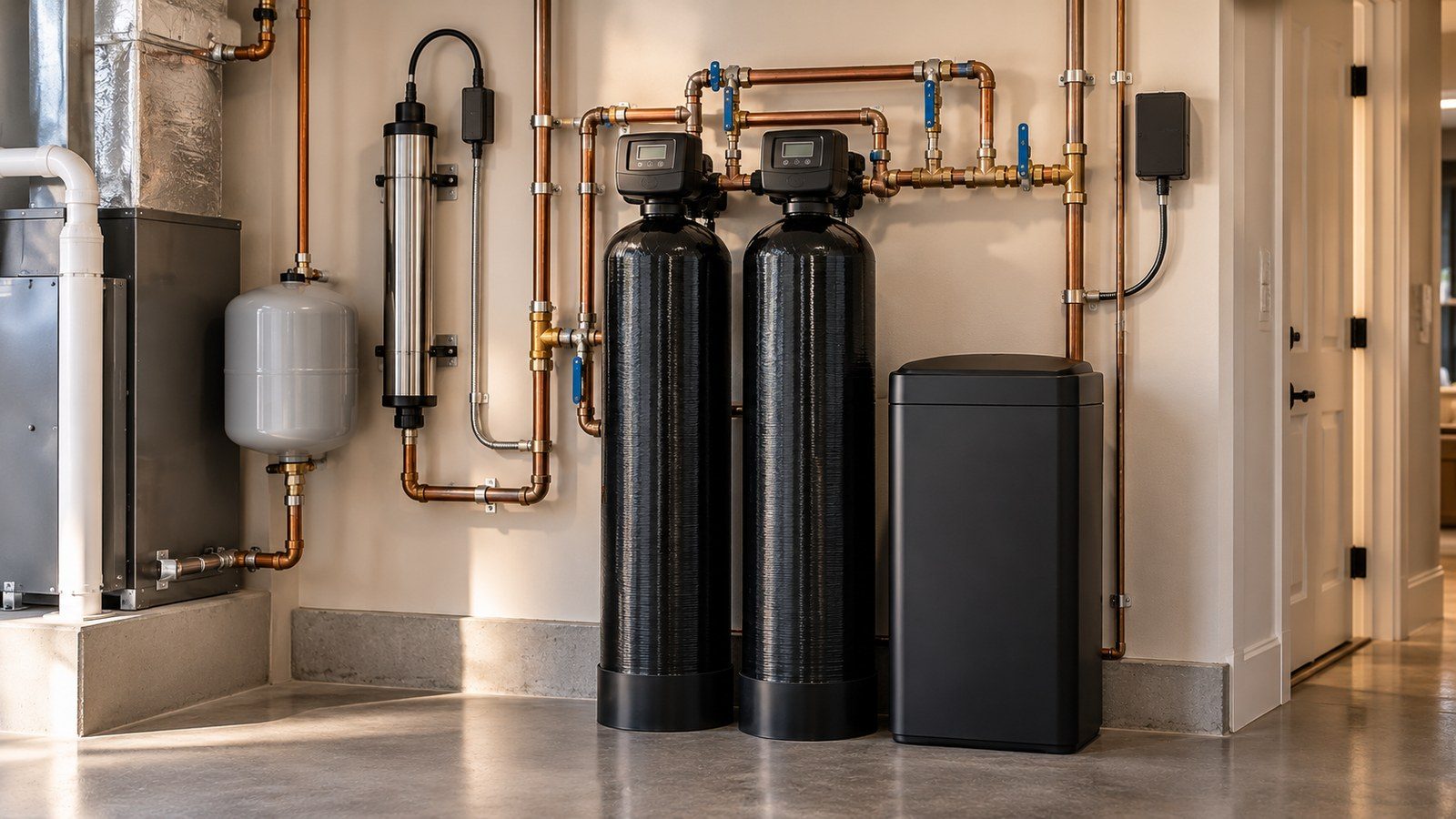 Two treatment tanks beside a black brine tank, the salt store that regenerates softening resin.