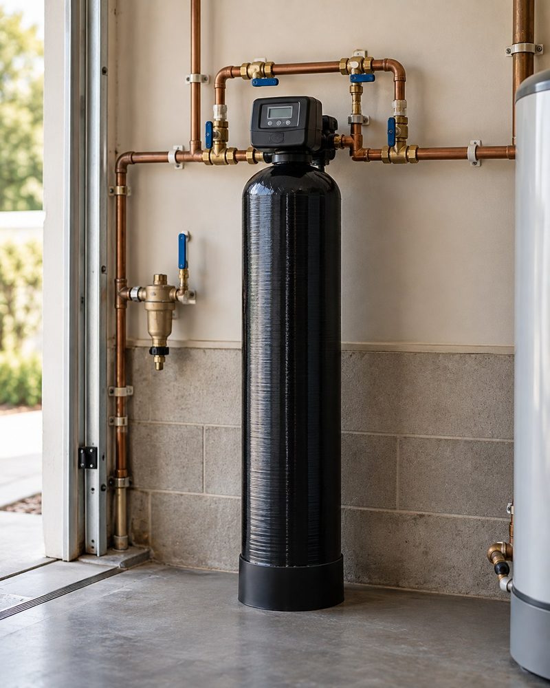 A single black treatment tank with a digital control valve head, plumbed in copper beside a water heater.