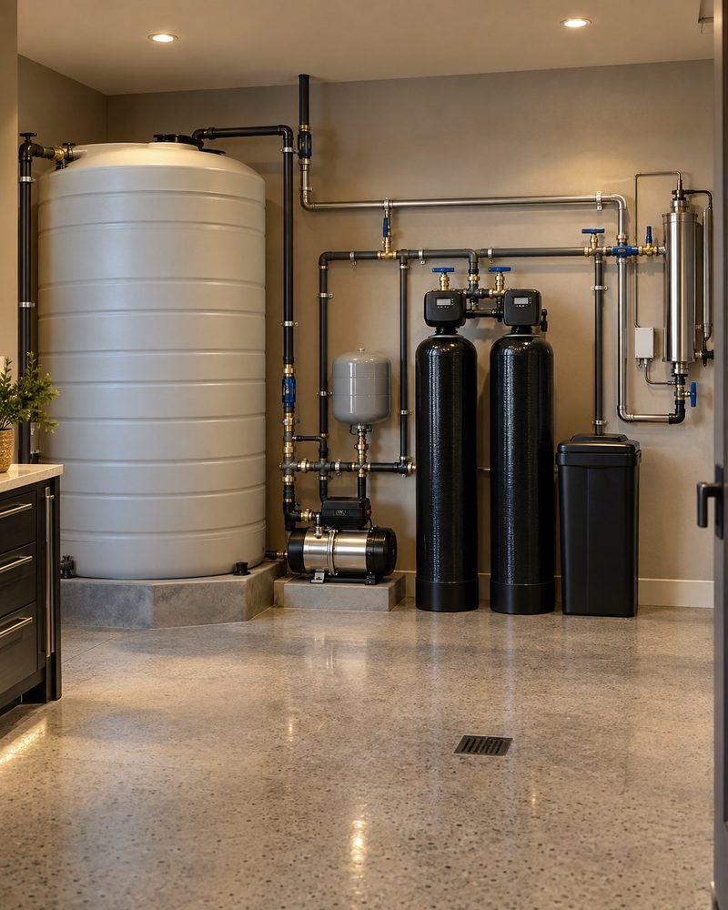 A large cream potable water storage tank with navy treatment tanks, a brine tank and a booster pump in a finished basement mechanical room.