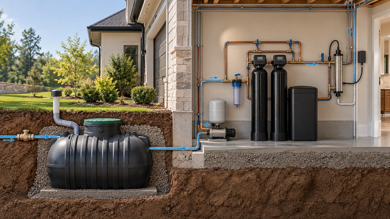 Cross-section illustration showing a buried potable water storage tank beside a house, connected to a booster pump, treatment tanks and an ultraviolet chamber.