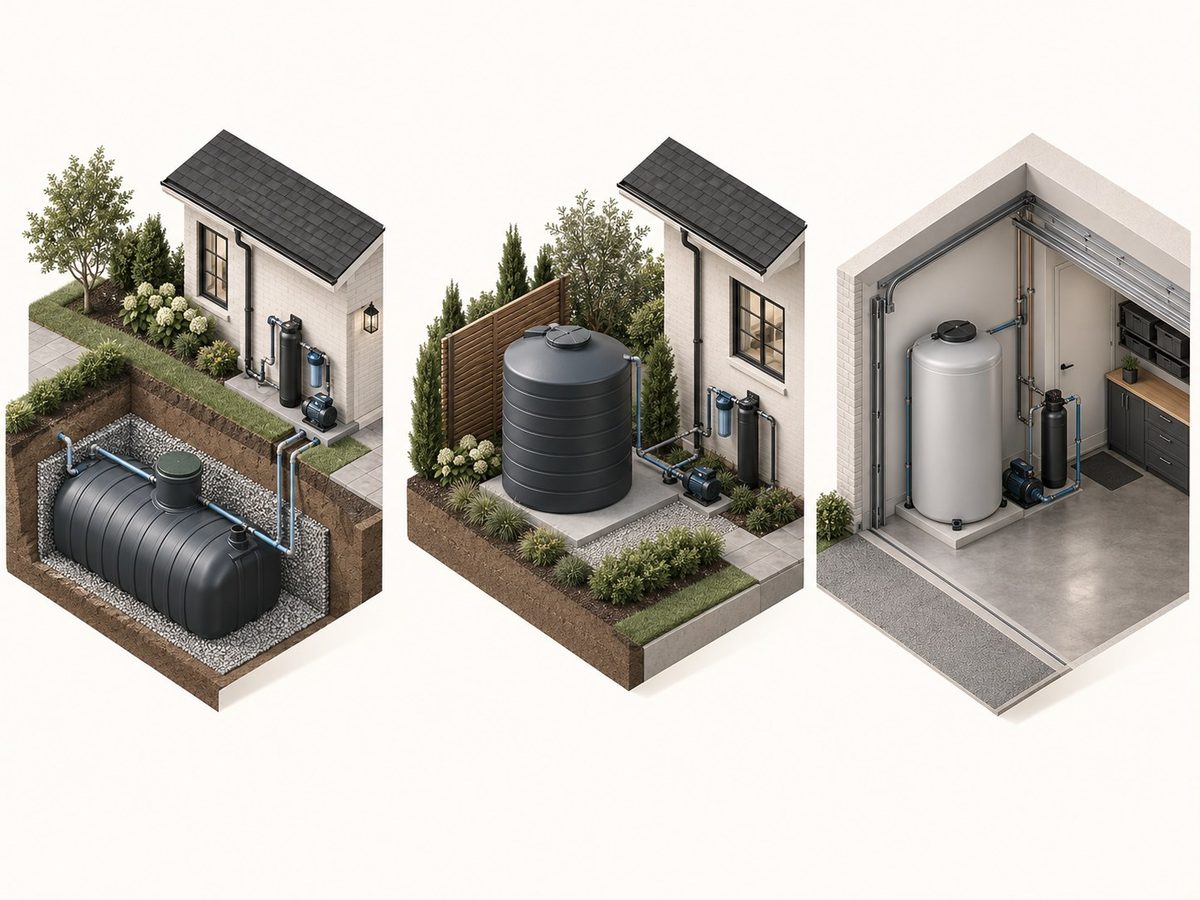 Three isometric illustrations showing tank placement options: buried below grade, outdoors against a fence on a pad, and indoors freestanding in a garage.