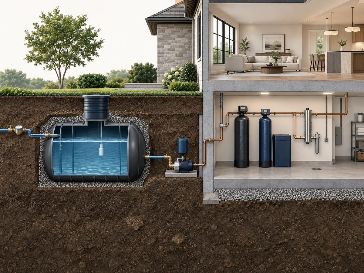 Cutaway illustration of a home water storage system: a buried potable tank outside, feeding a booster pump and treatment equipment in the basement mechanical room.