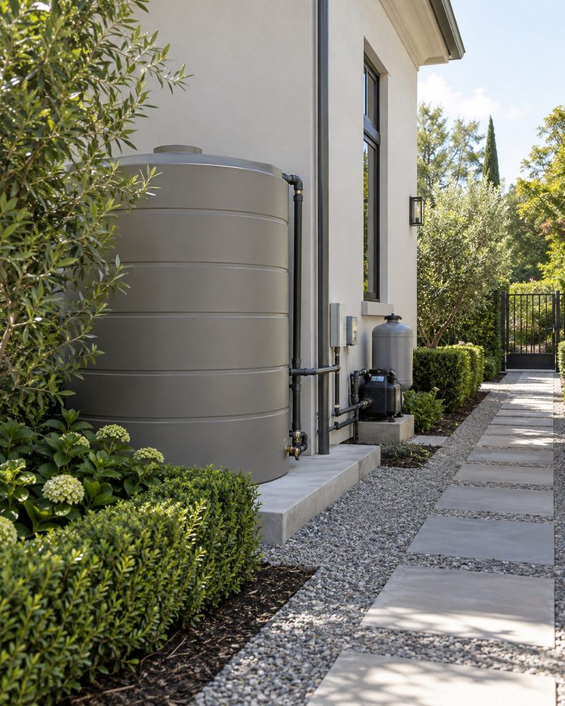 An opaque potable water storage tank installed against the exterior wall of a house, screened by shrubs and landscaping beside a gravel path.