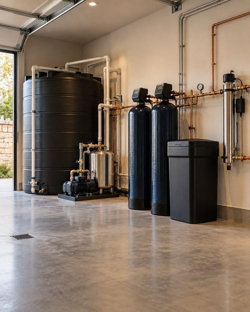 A garage with the door open to daylight, holding a large black water storage tank, two navy treatment tanks, a brine tank and copper piping.