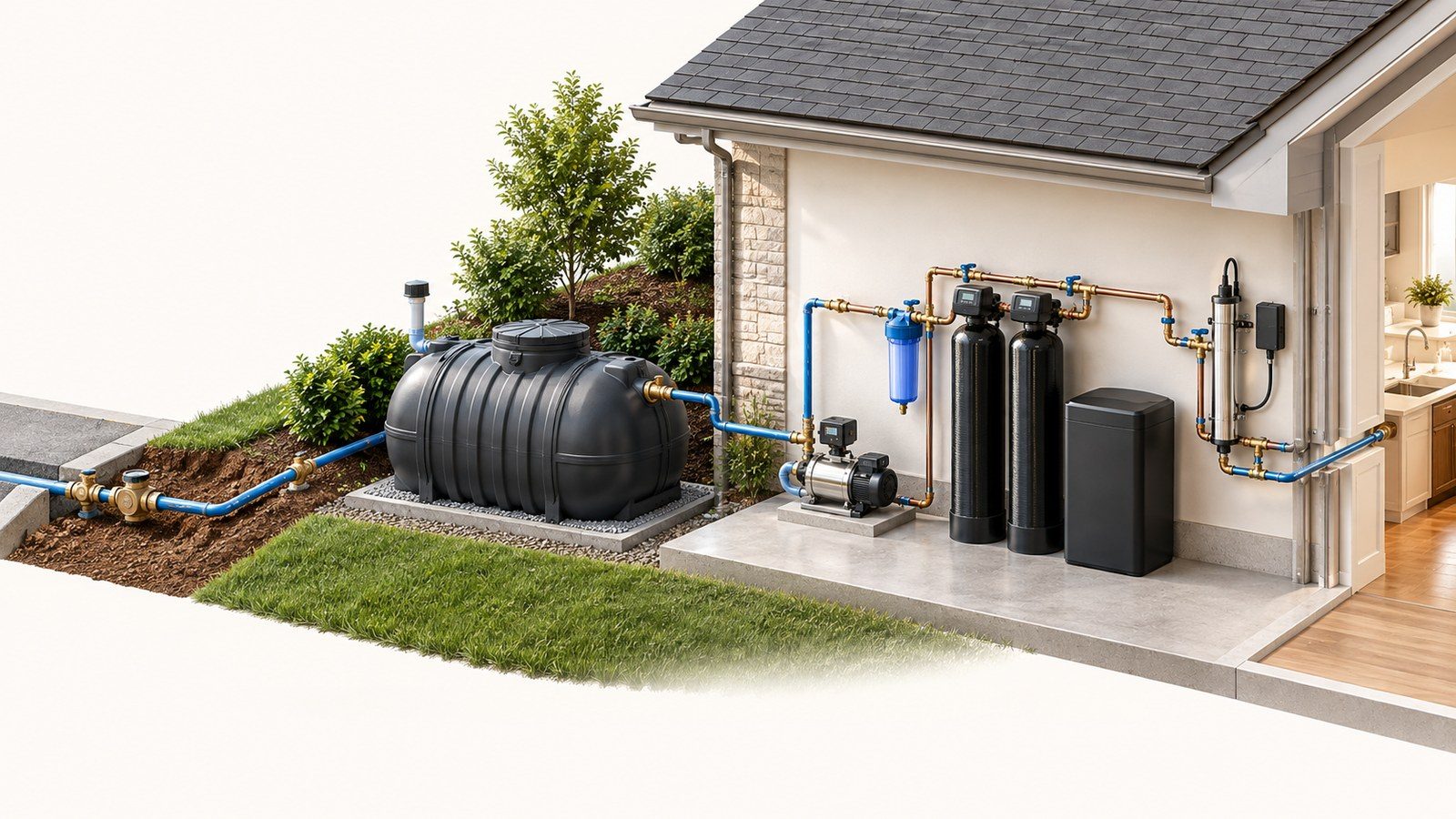Cutaway illustration of a home water storage system: a buried potable tank outside, a booster pump on a pad, treatment tanks and an ultraviolet chamber feeding the house.