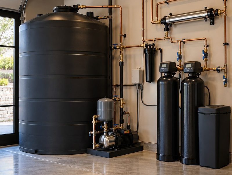 A large black potable water storage tank in a garage beside treatment tanks and copper piping, with the garage door open to daylight.