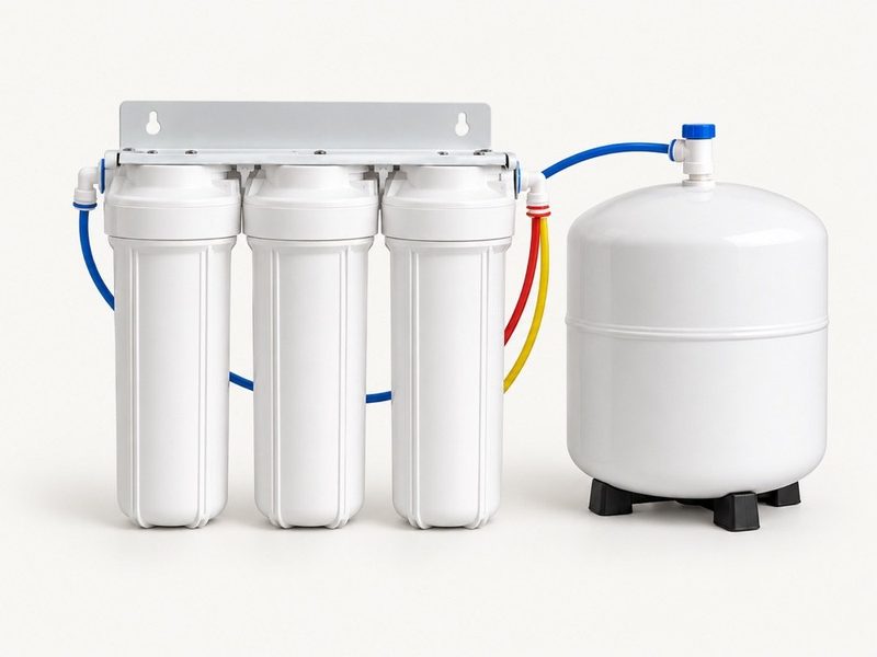 An under-sink reverse osmosis system: filter housings on a mounting bracket beside a pressurized storage tank.