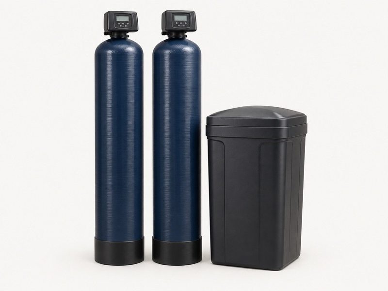 Two navy composite pressure vessels with control valve heads, beside a black brine tank.