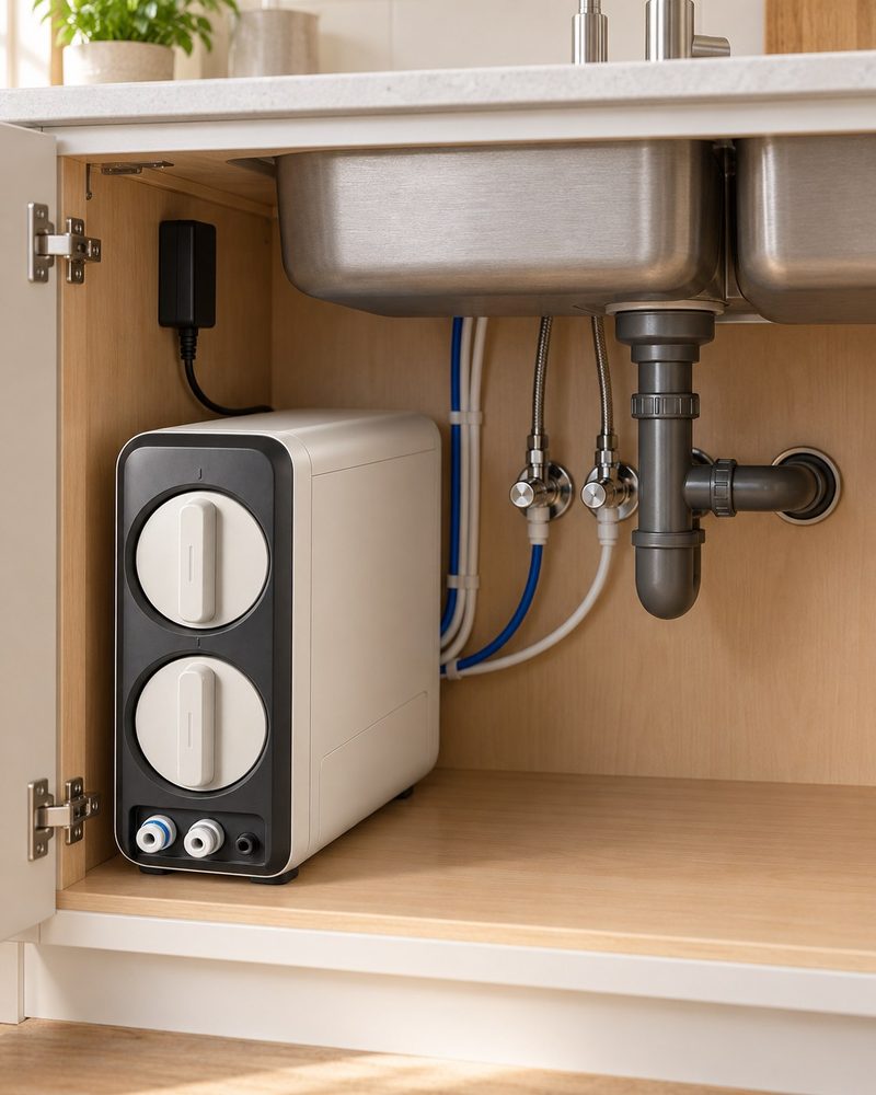 A compact tankless reverse osmosis unit installed under a kitchen sink, connected with blue tubing, with the rest of the cabinet left empty.