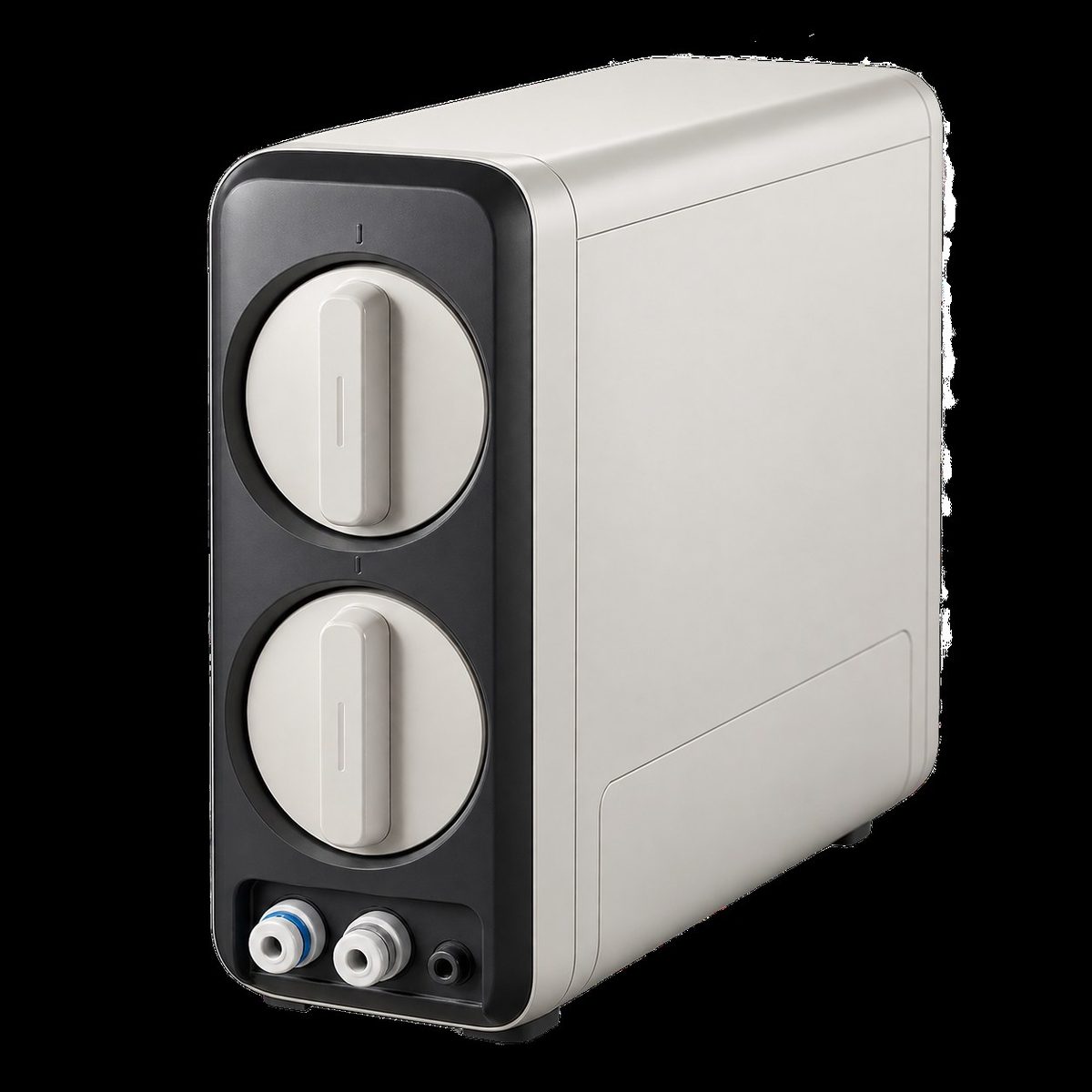 A compact tankless reverse osmosis unit against a black background, with two round cartridge covers on the front and quick-connect ports at the base.