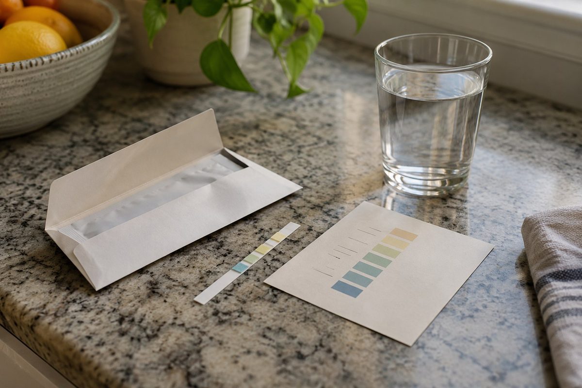 A water test strip, its paper envelope and a color comparison card laid on a granite counter beside a filled glass of water.
