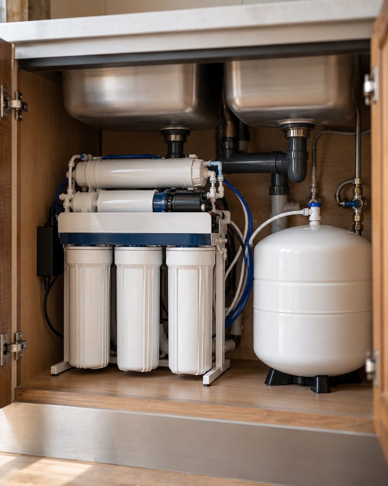 A reverse osmosis system installed inside a kitchen sink cabinet: filter housings, a membrane housing and a white pressurized storage tank.