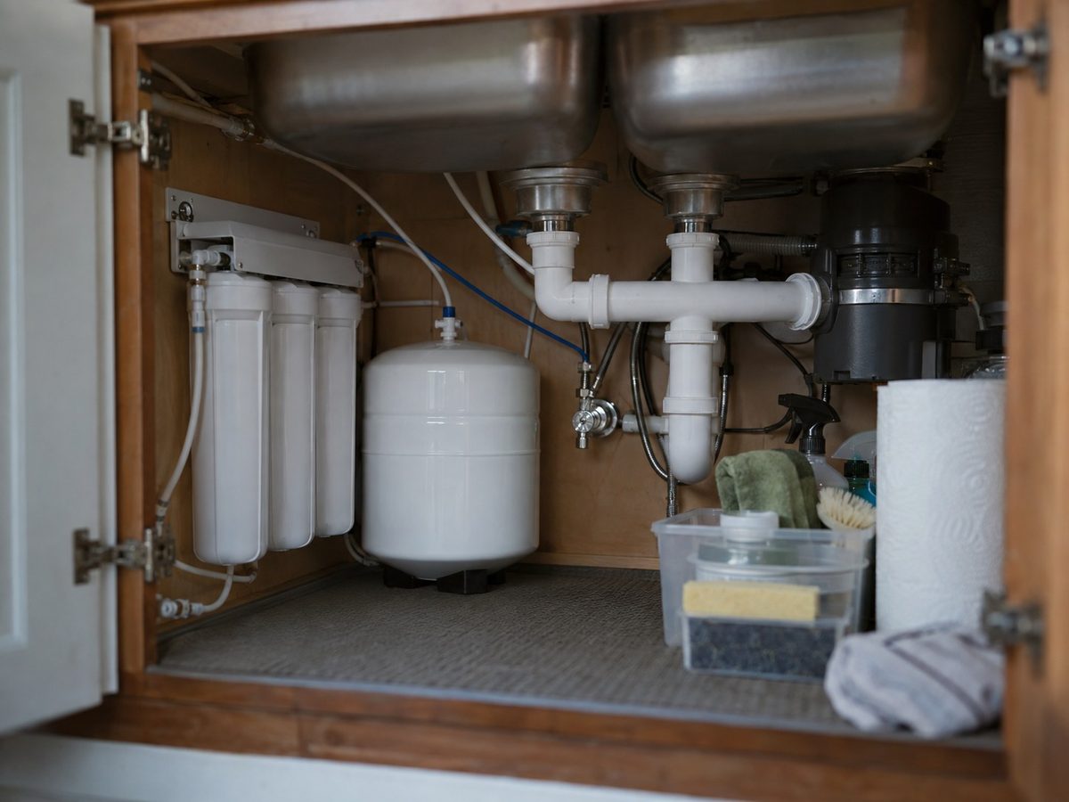 A compact filtration system and storage tank installed under a sink in a cabinet alongside everyday supplies.
