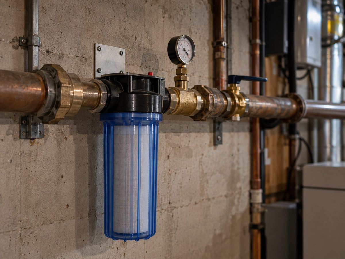 A small filter housing plumbed into a noticeably larger main water line, with a pressure gauge beside it reading low.