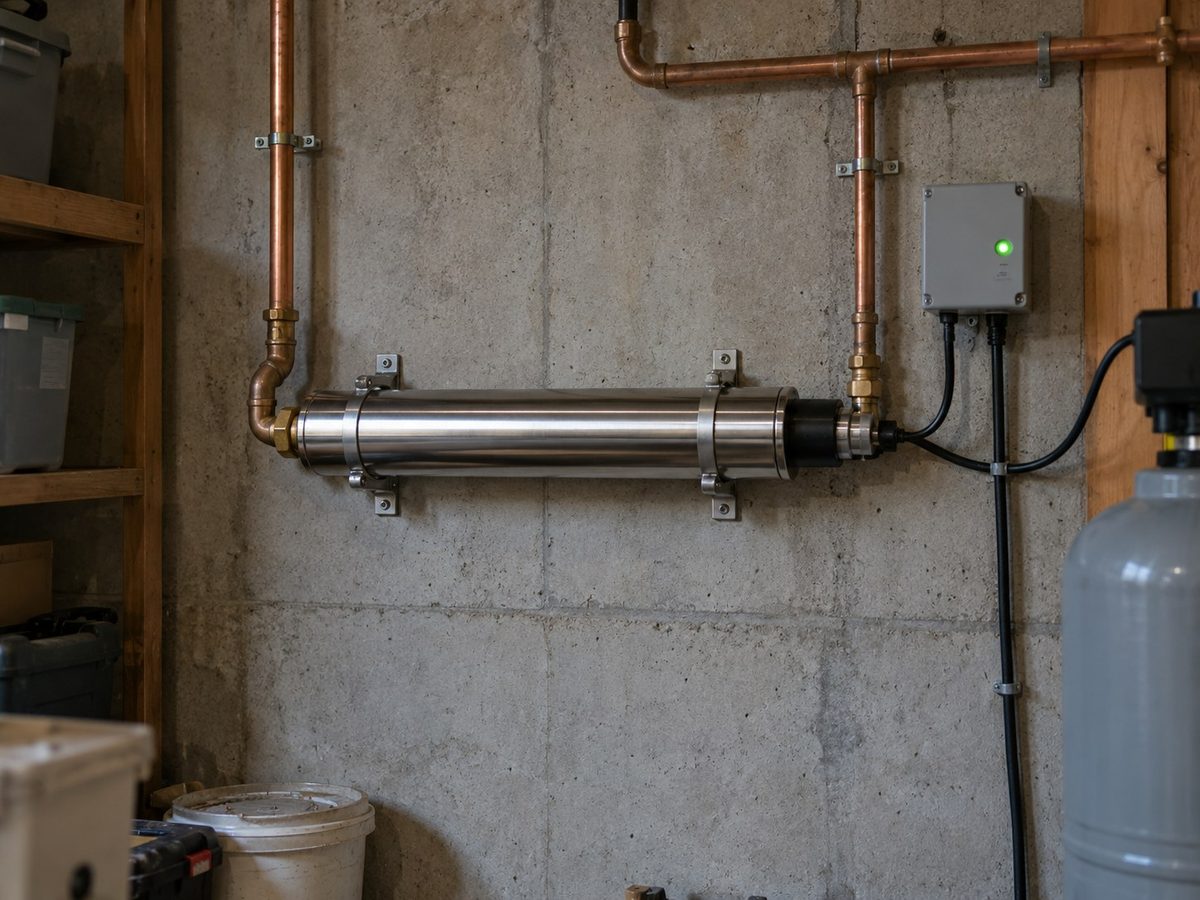 A stainless ultraviolet chamber plumbed into copper pipework with its controller mounted alongside.
