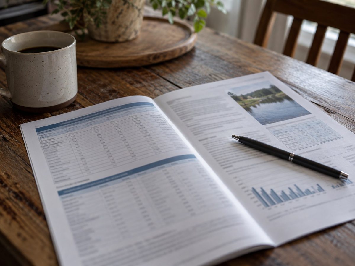 A printed annual water quality report lying open on a kitchen table with a pen across it.