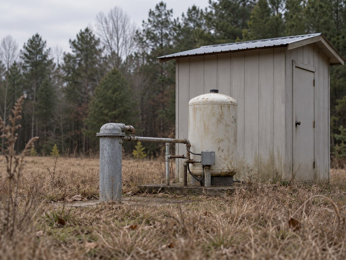 A wellhead and pressure tank on rural Alabama property.
